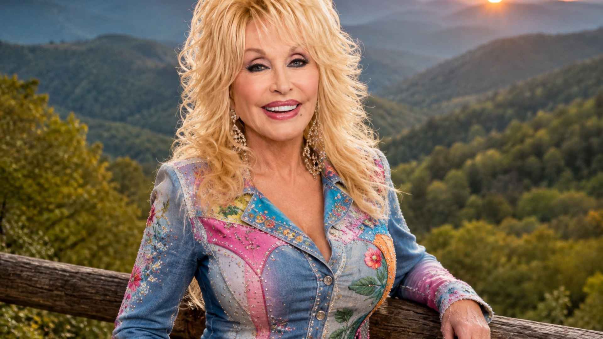 Dolly Parton by a railing