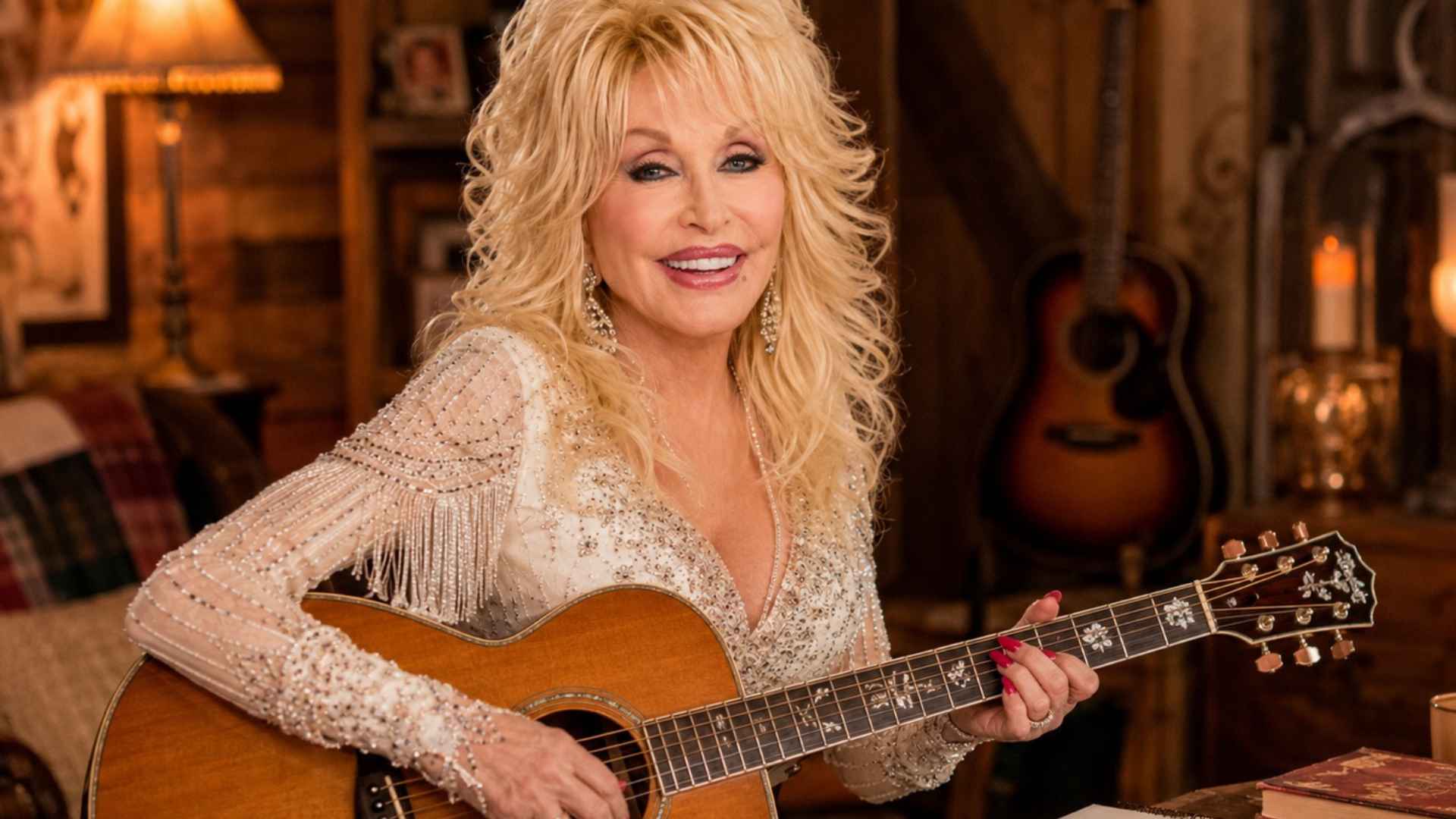 Dolly Parton with a guitar smiling