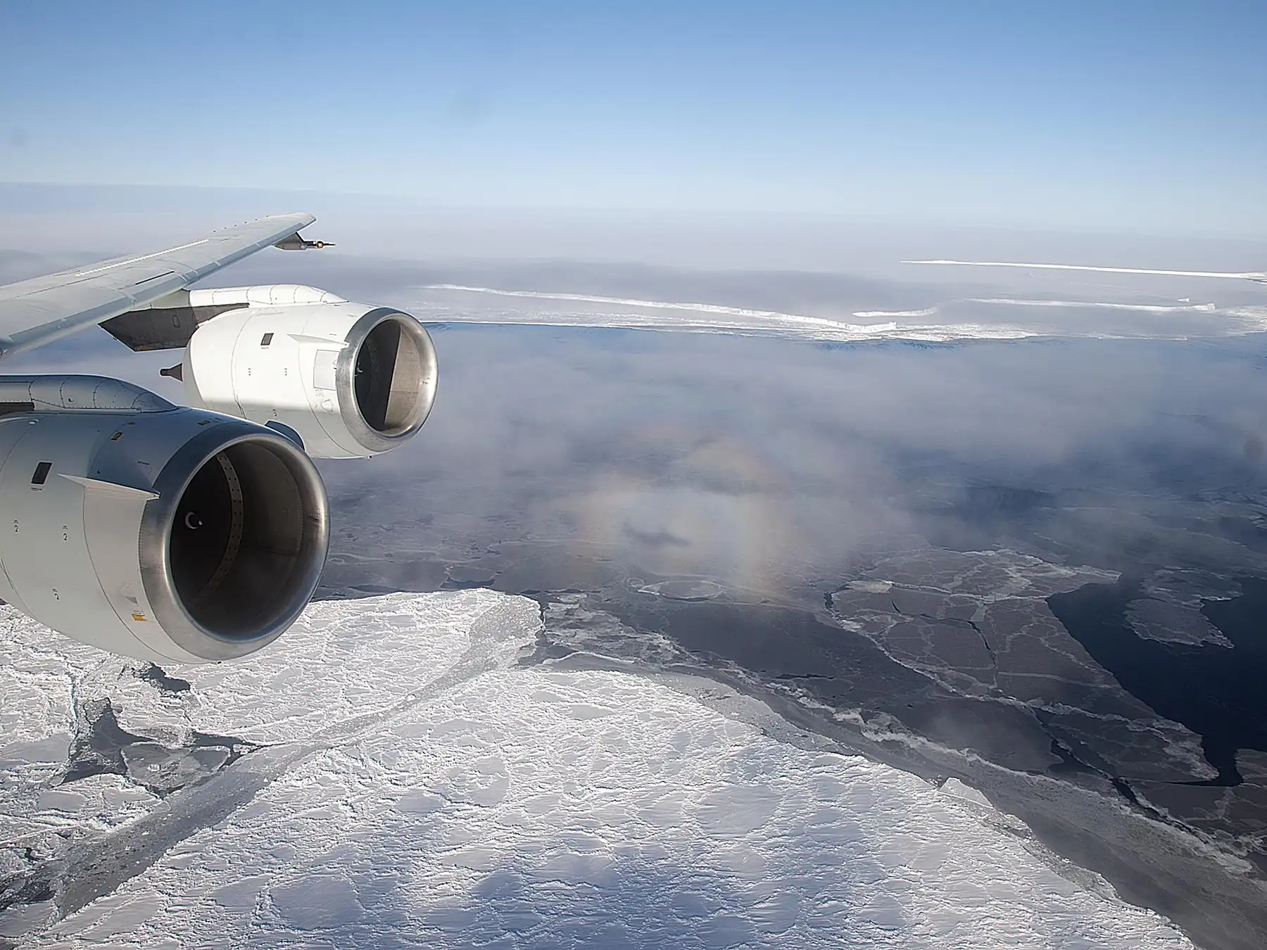 Aerial view of an Antarctic ice shelf from an aircraft
