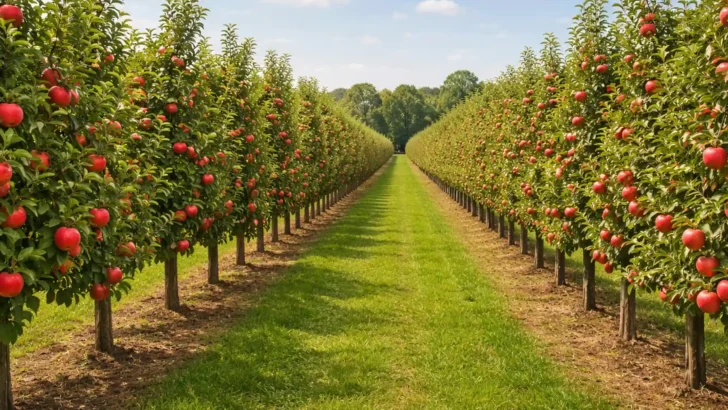 Rows of apple trees loaded with fruit for harvest