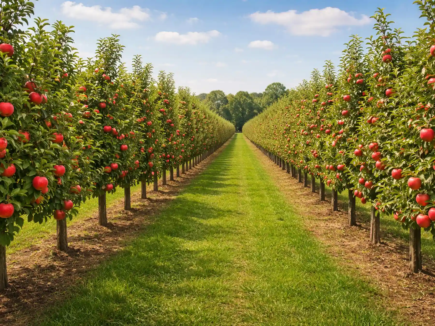 Straight rows of apple trees laden with red fruit