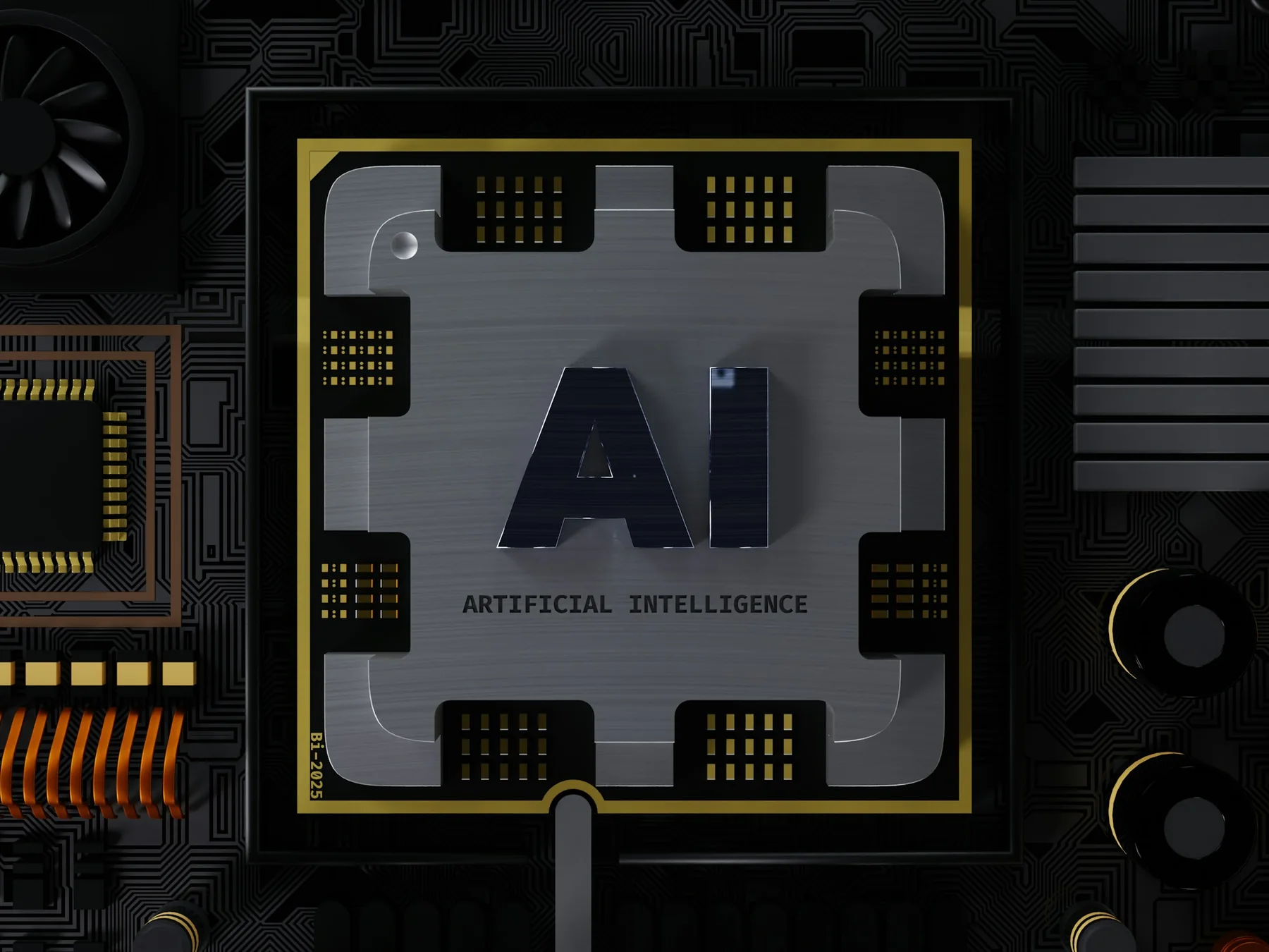 Computer chip marked AI on a circuit board