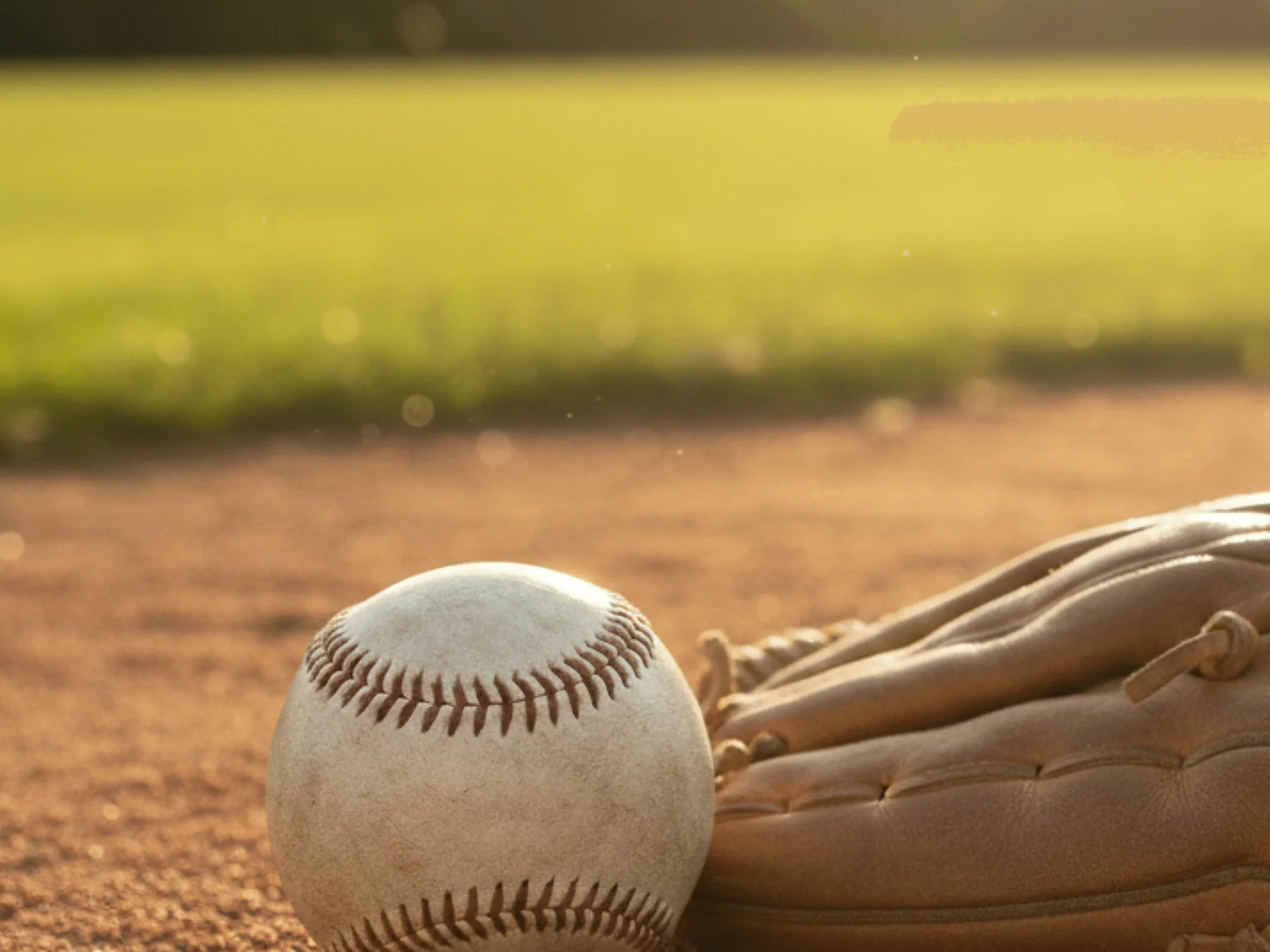 Baseball beside a leather glove on a sunlit infield