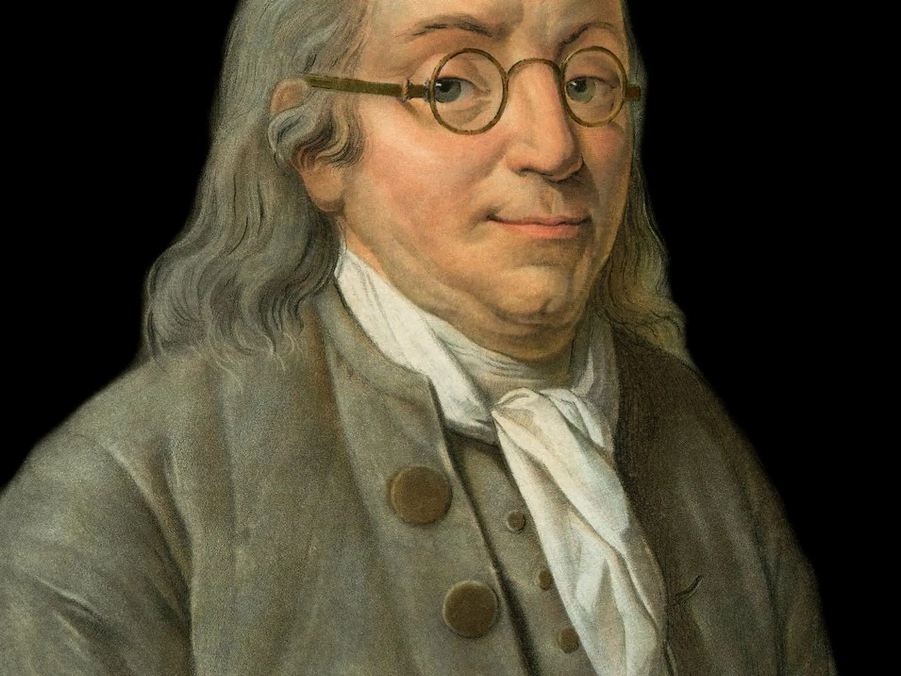 Portrait of Benjamin Franklin wearing round spectacles