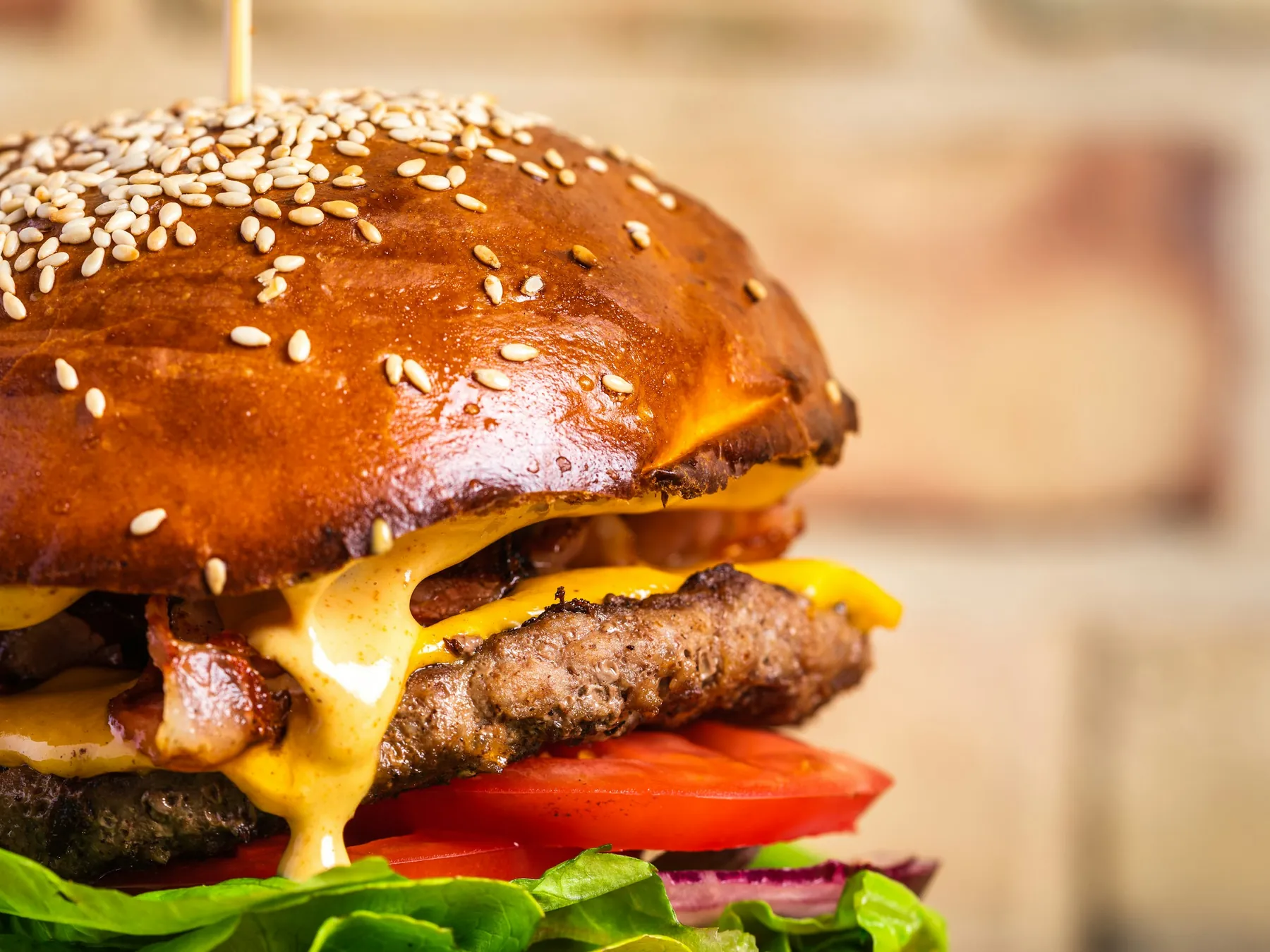 Cheeseburger with lettuce, tomato, and melted cheese