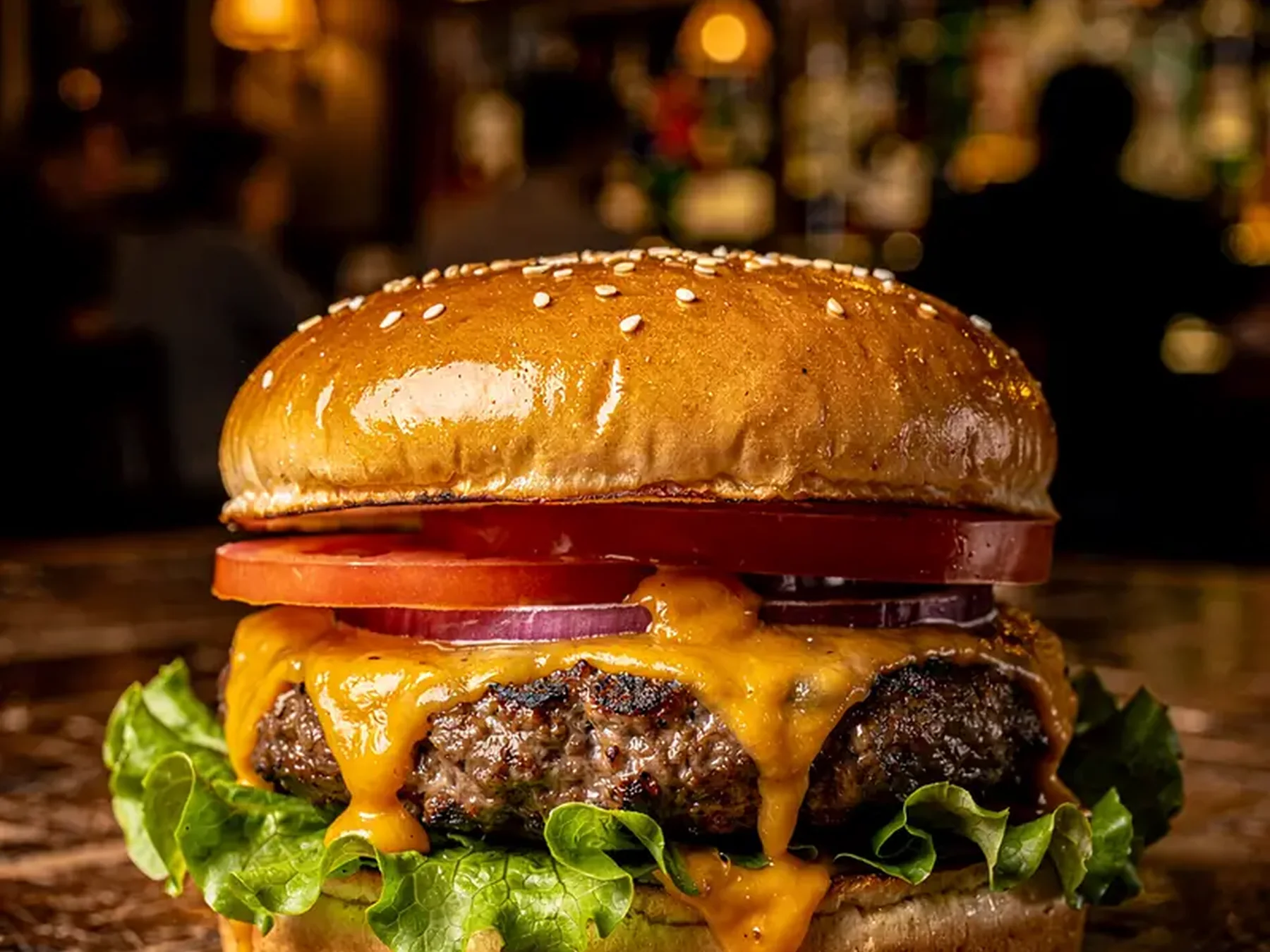Cheeseburger served against a restaurant background