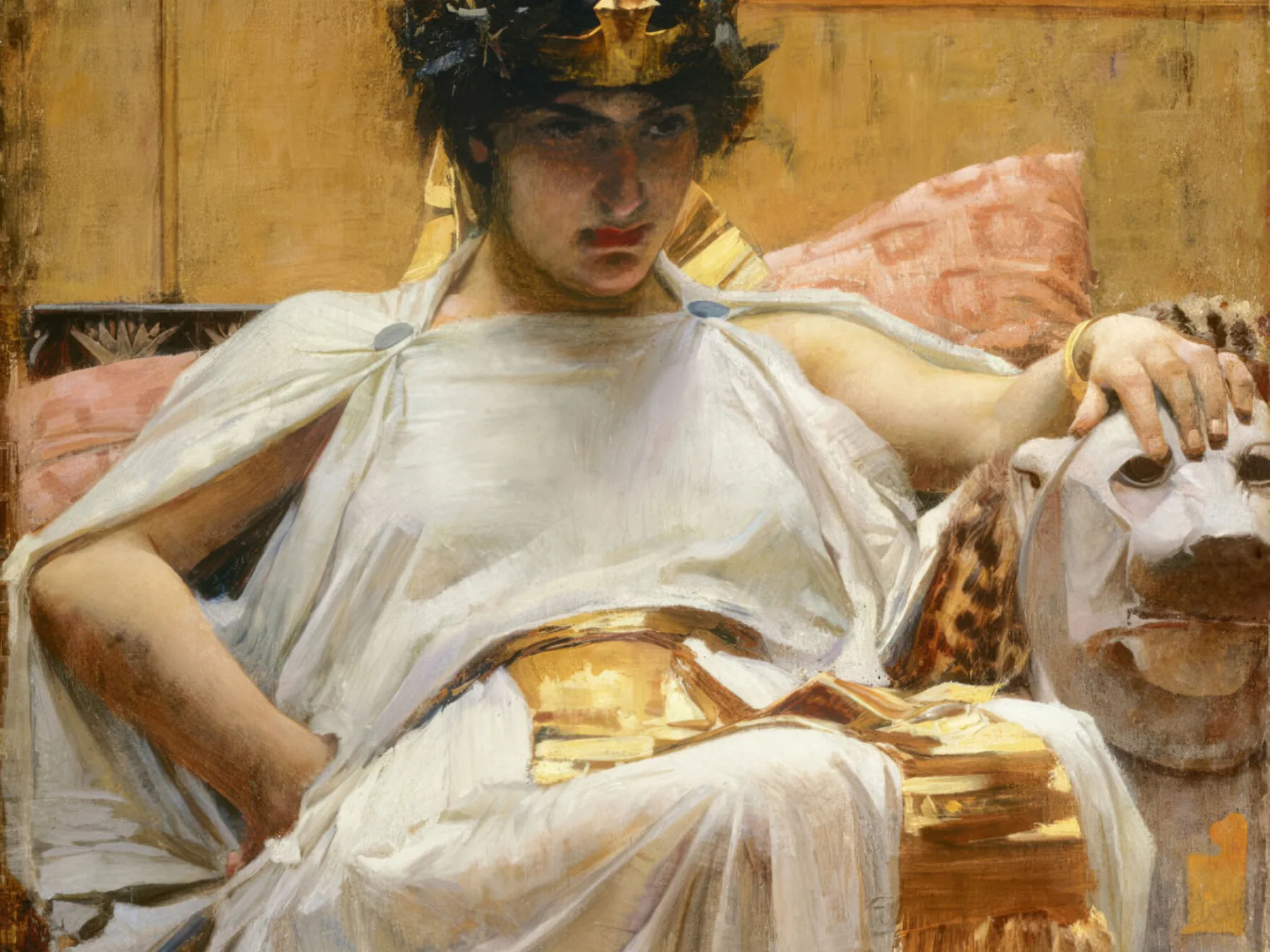 John William Waterhouse painting of Cleopatra seated in royal dress