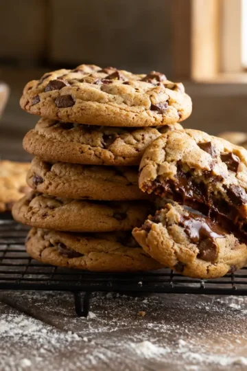 Stack of fresh chocolate chip cookies on a cooling rack with one broken open