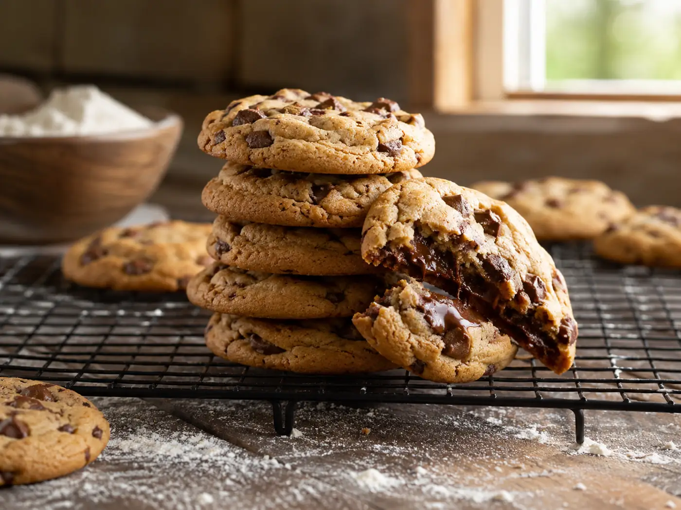Stack of fresh chocolate chip cookies on a cooling rack with one broken open