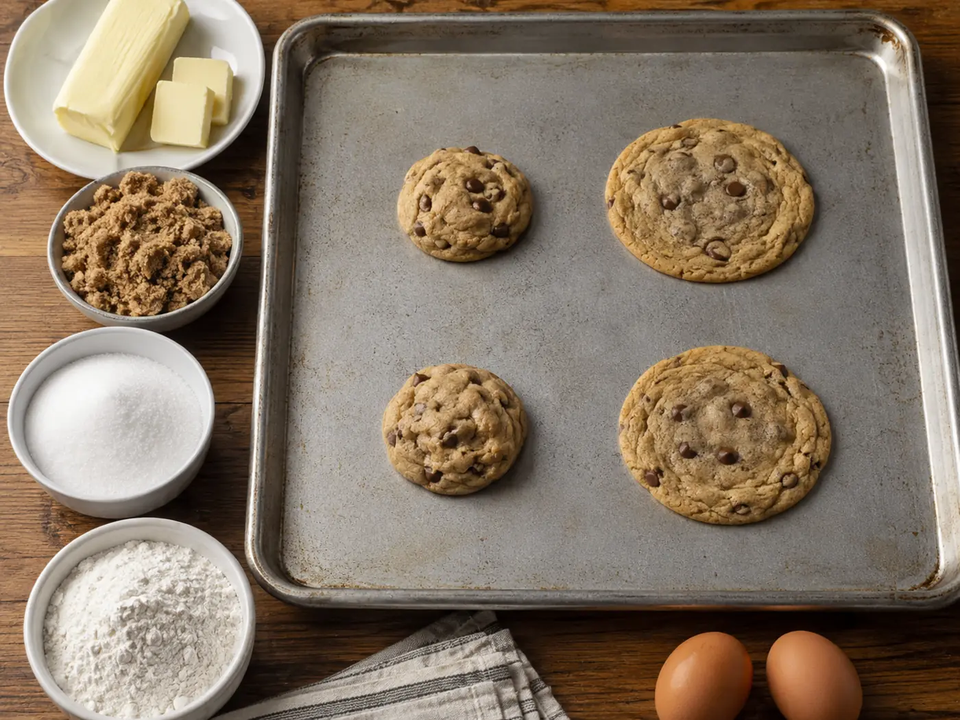 Cookie dough portions spreading differently on a baking sheet beside measured ingredients