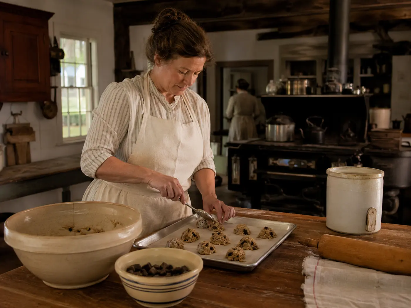 Baker preparing chocolate cookies in a 1930s New England inn kitchen