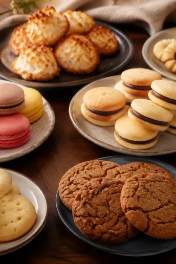 Assortment of shortbread, macarons, sandwich cookies, ginger cookies, and fortune cookies