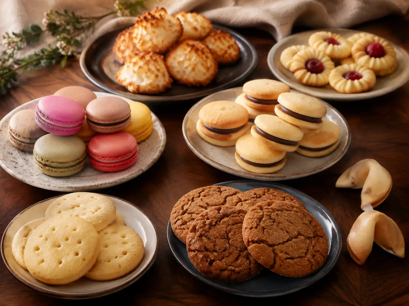 Assortment of shortbread, macarons, sandwich cookies, ginger cookies, and fortune cookies