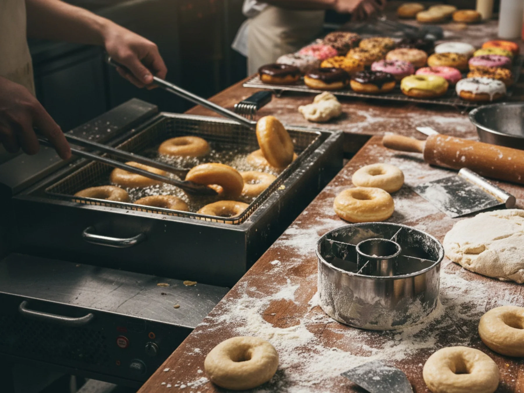 Doughnuts being prepared in a bakery kitchen