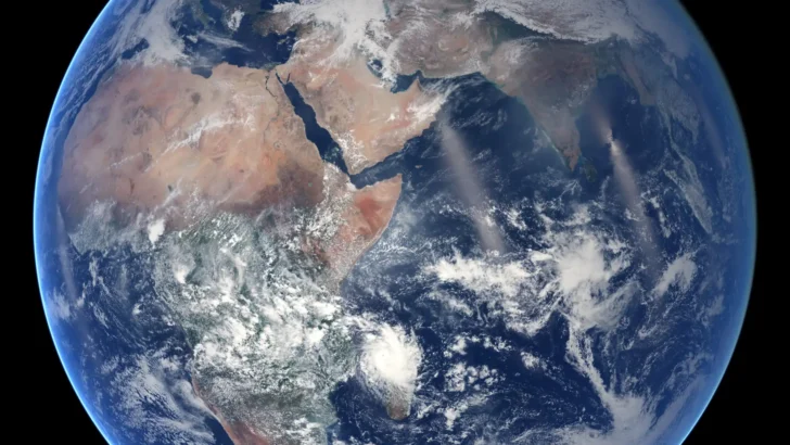 Earth viewed from space with sunlight illuminating the planet