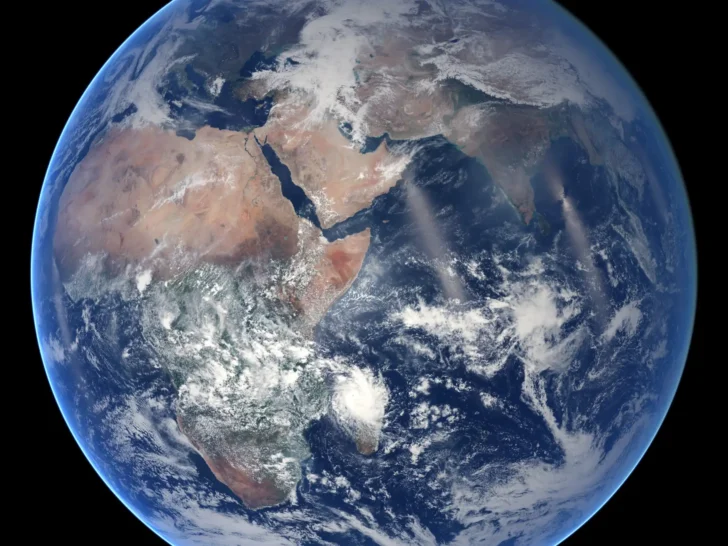Full-disk view of Earth showing Africa, Europe, Asia, oceans, and clouds