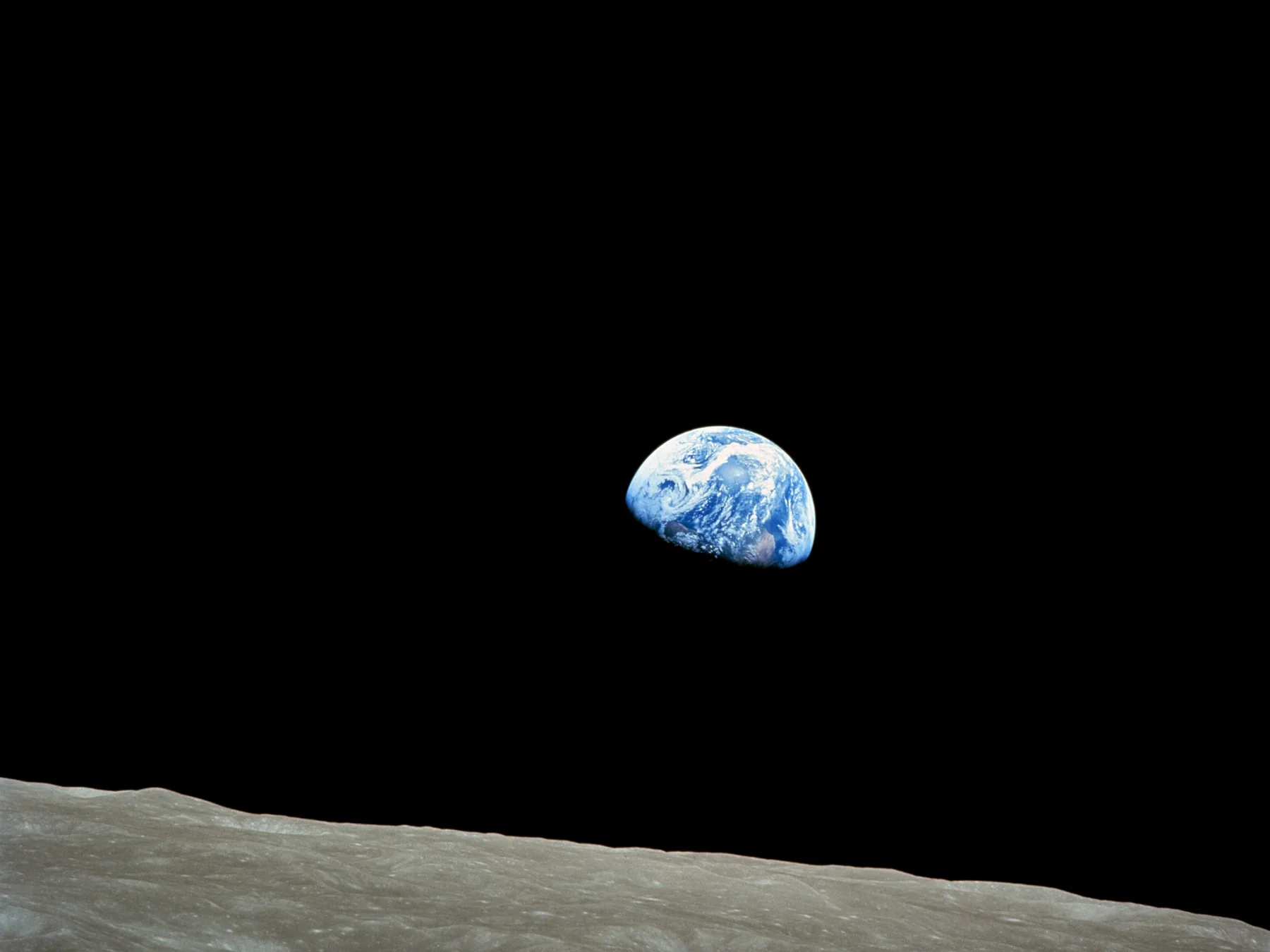 Earth rising above the Moon's gray surface
