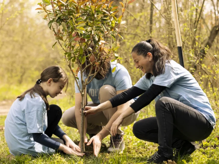 Volunteers planting a young tree together