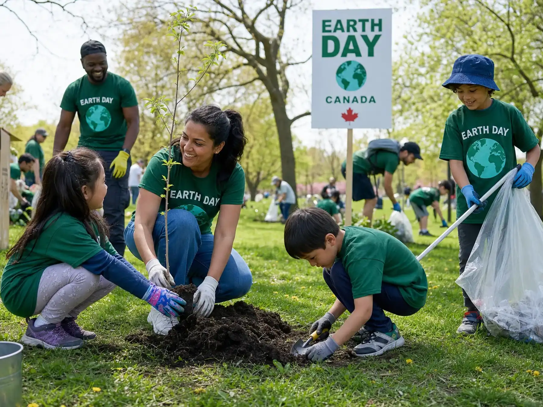 Families planting trees at an Earth Day event