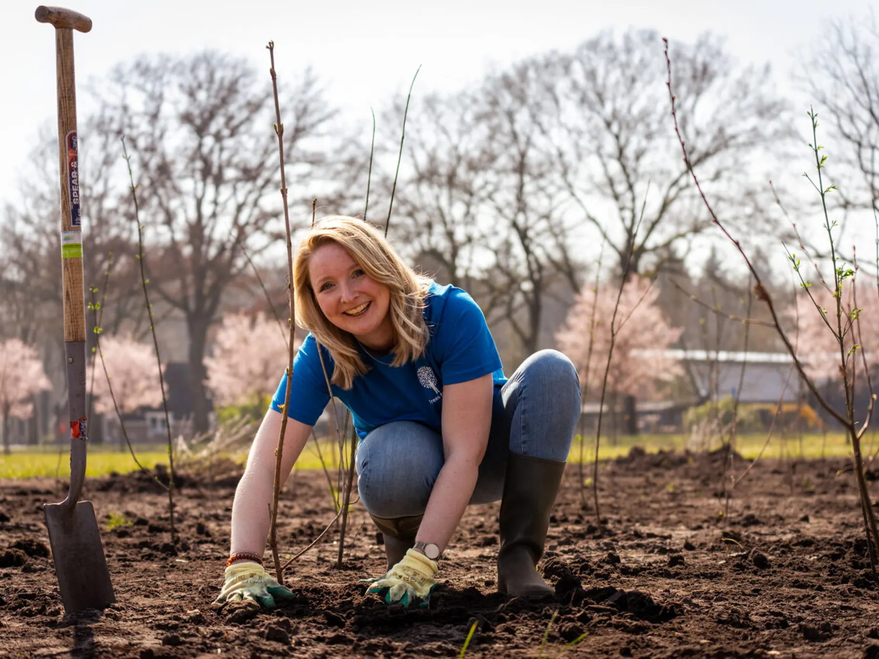 Volunteer tending a newly planted tree