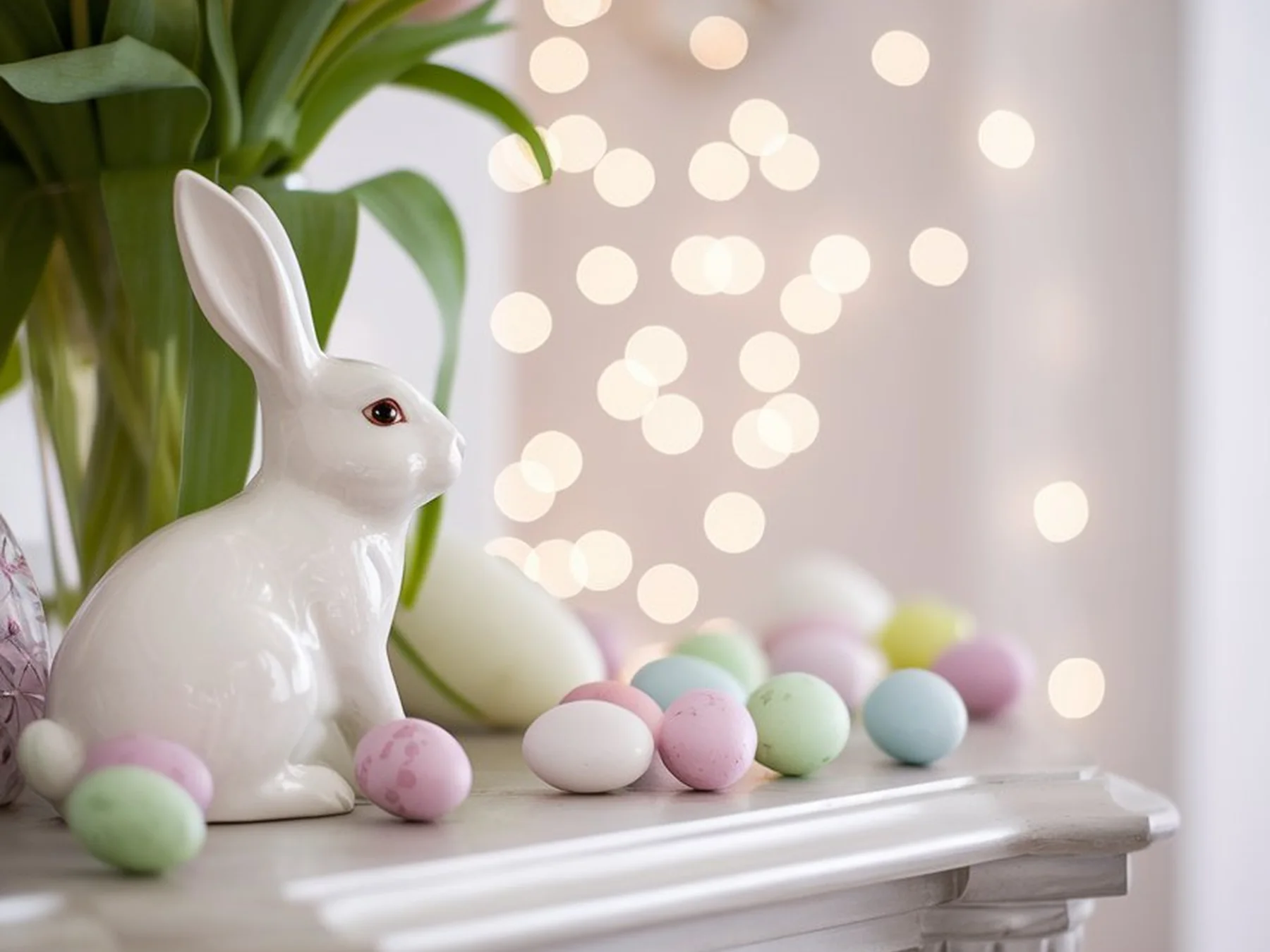 White Easter bunny figurine surrounded by pastel eggs and spring decor
