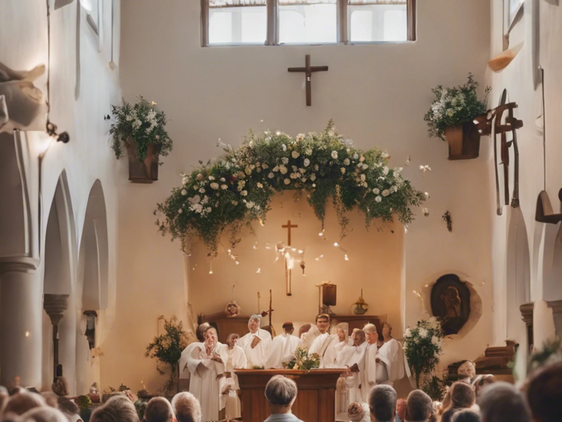 Choir and congregation gathered inside a flower-decorated church for Easter