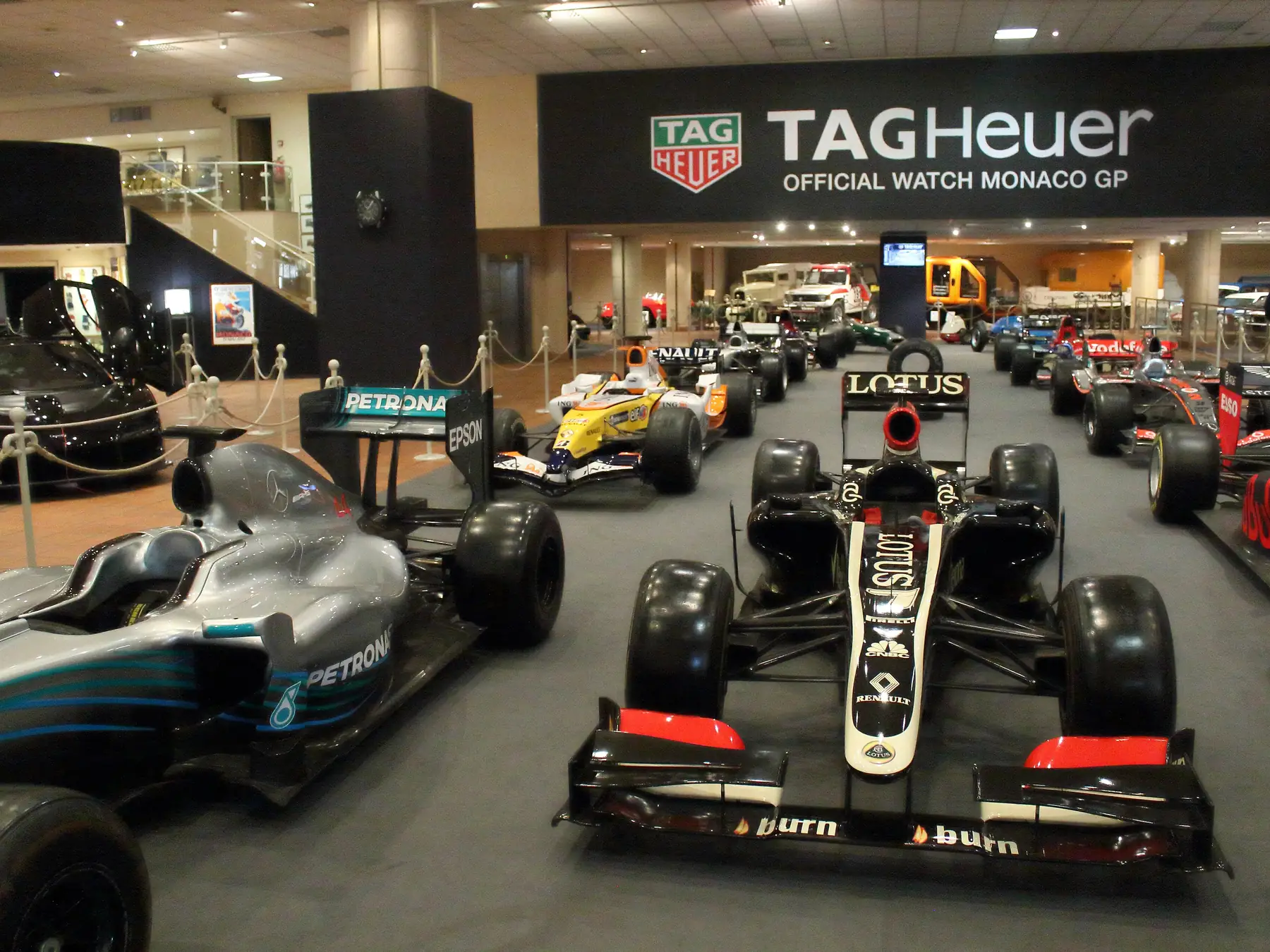 Collection of Formula One race cars displayed together