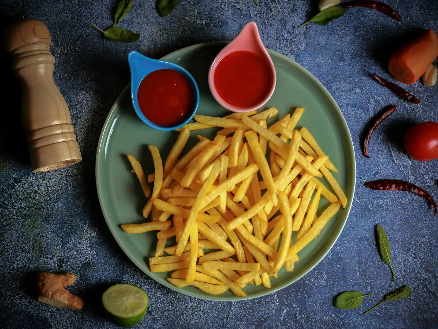 French fries served with bowls of ketchup