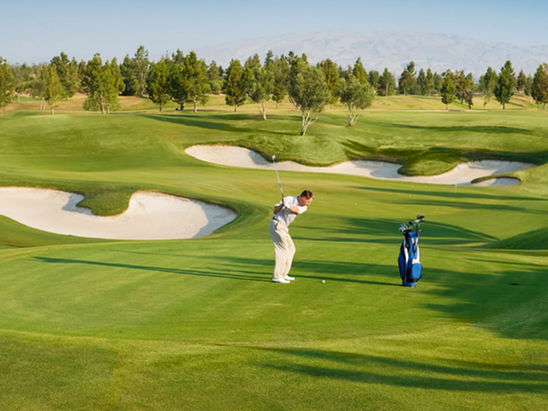 Golfer playing beside sand bunkers