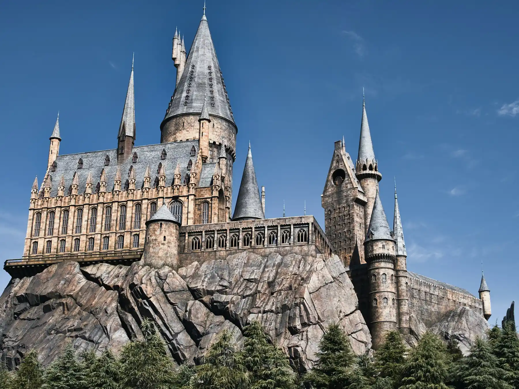 Hogwarts Castle beneath a clear blue sky
