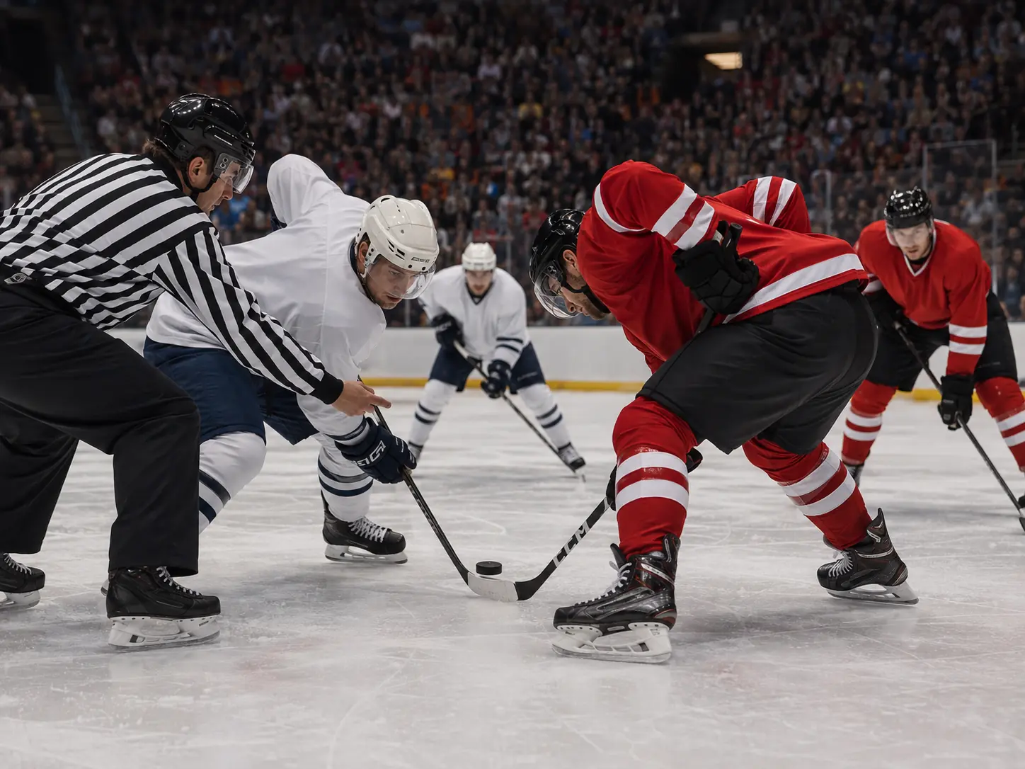Ice hockey players taking a faceoff during a packed arena game