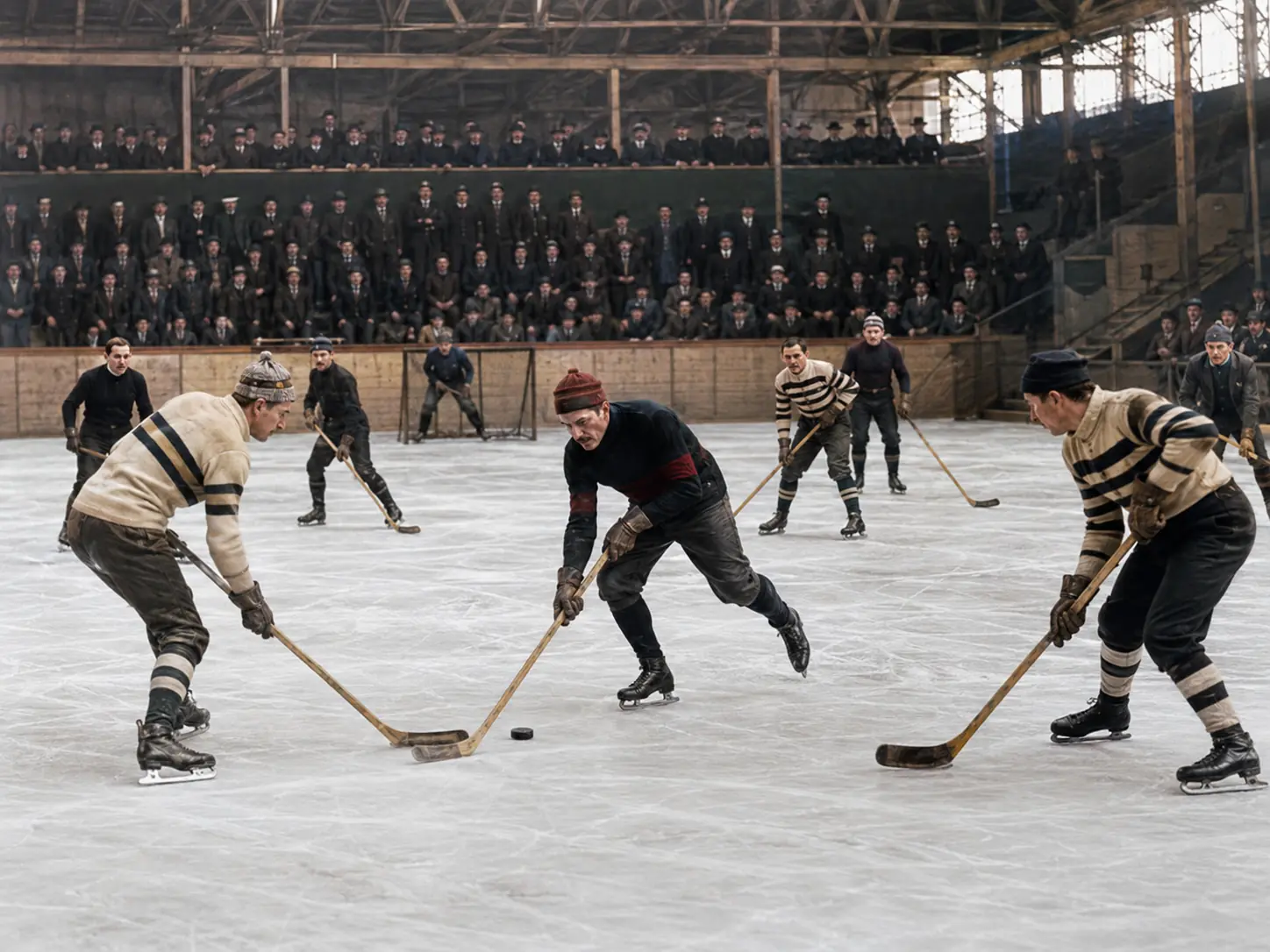 Historical ice hockey players competing on an indoor rink