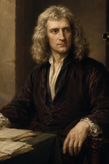 Portrait of Isaac Newton with scientific instruments