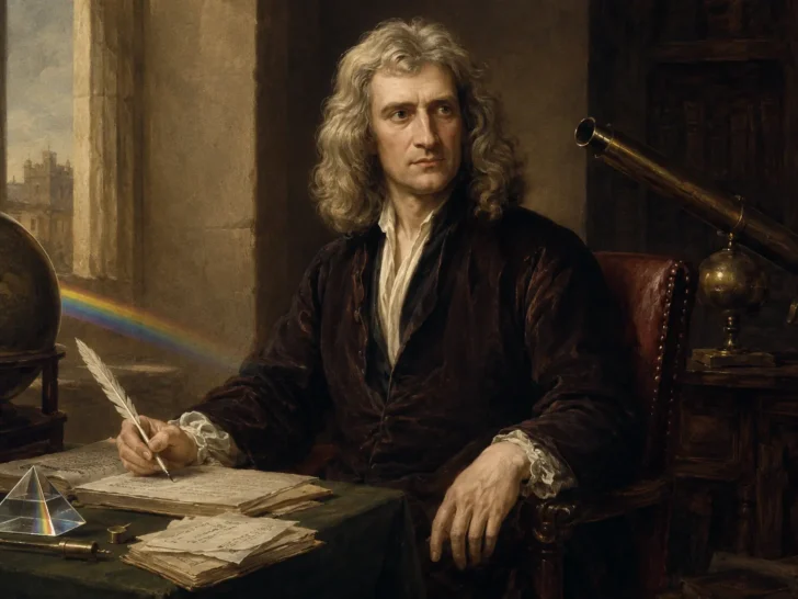 Portrait of Isaac Newton with scientific instruments