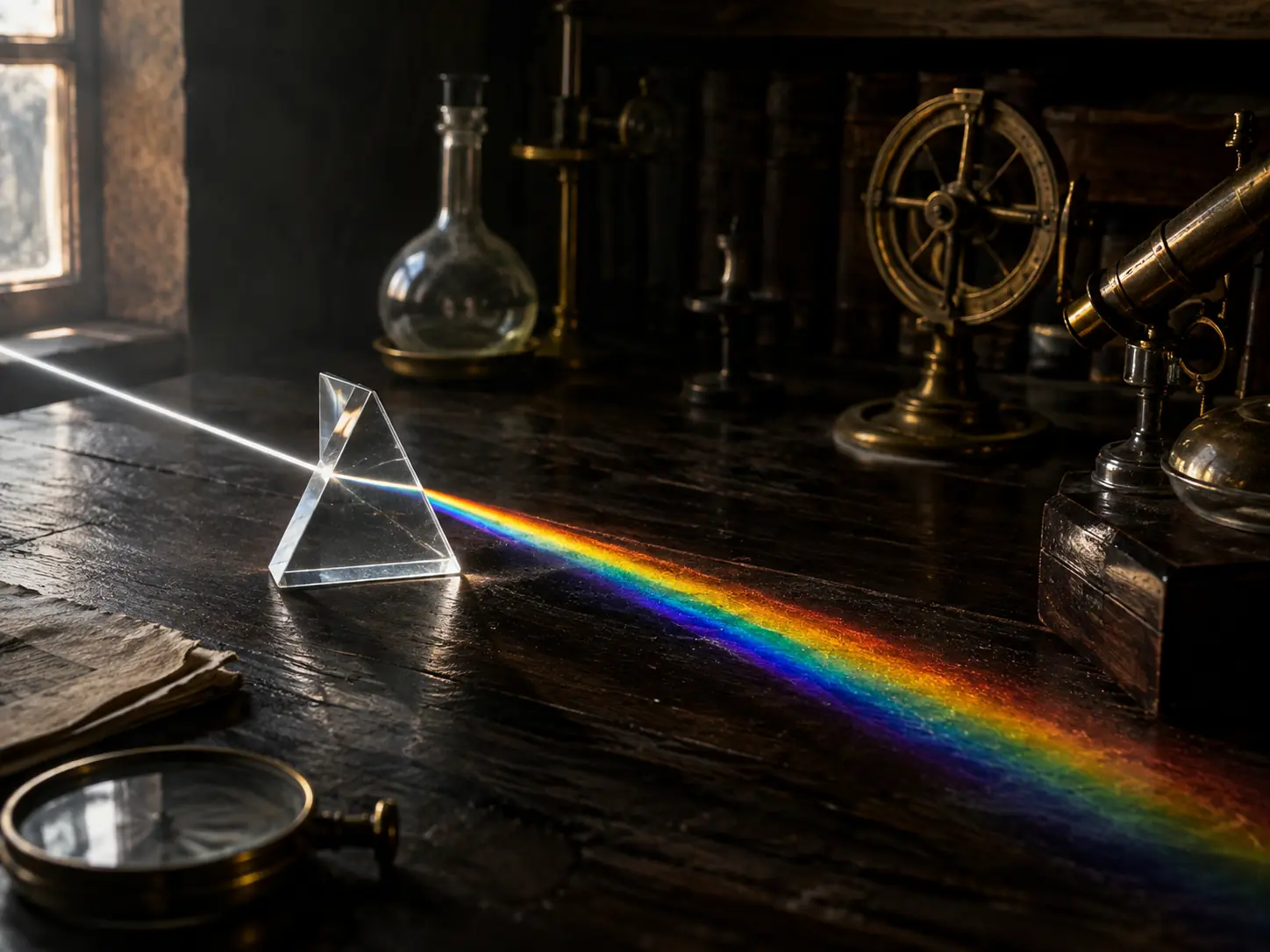 Glass prism splitting white light into a rainbow spectrum