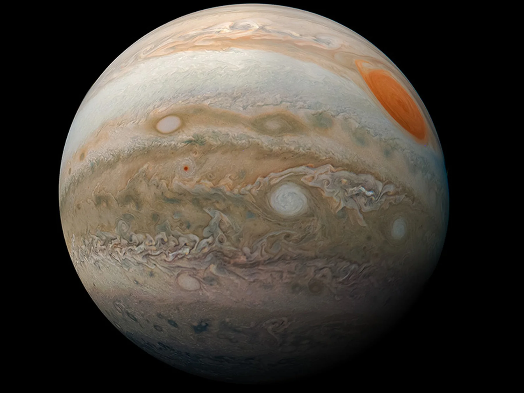Full-disk view of Jupiter showing colorful cloud bands and the Great Red Spot