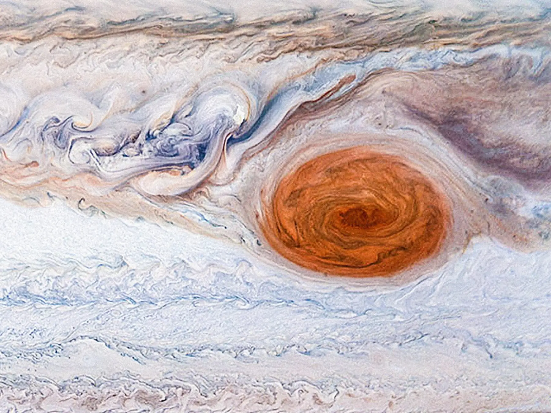 Close-up of Jupiter's Great Red Spot and surrounding swirling clouds