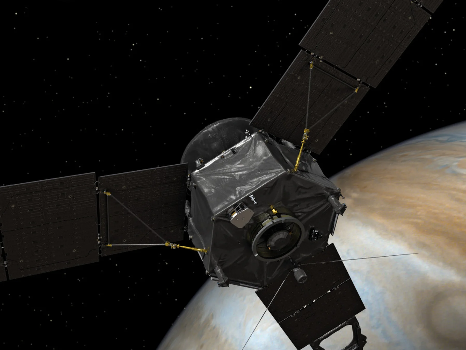 Illustration of NASA's Juno spacecraft orbiting Jupiter
