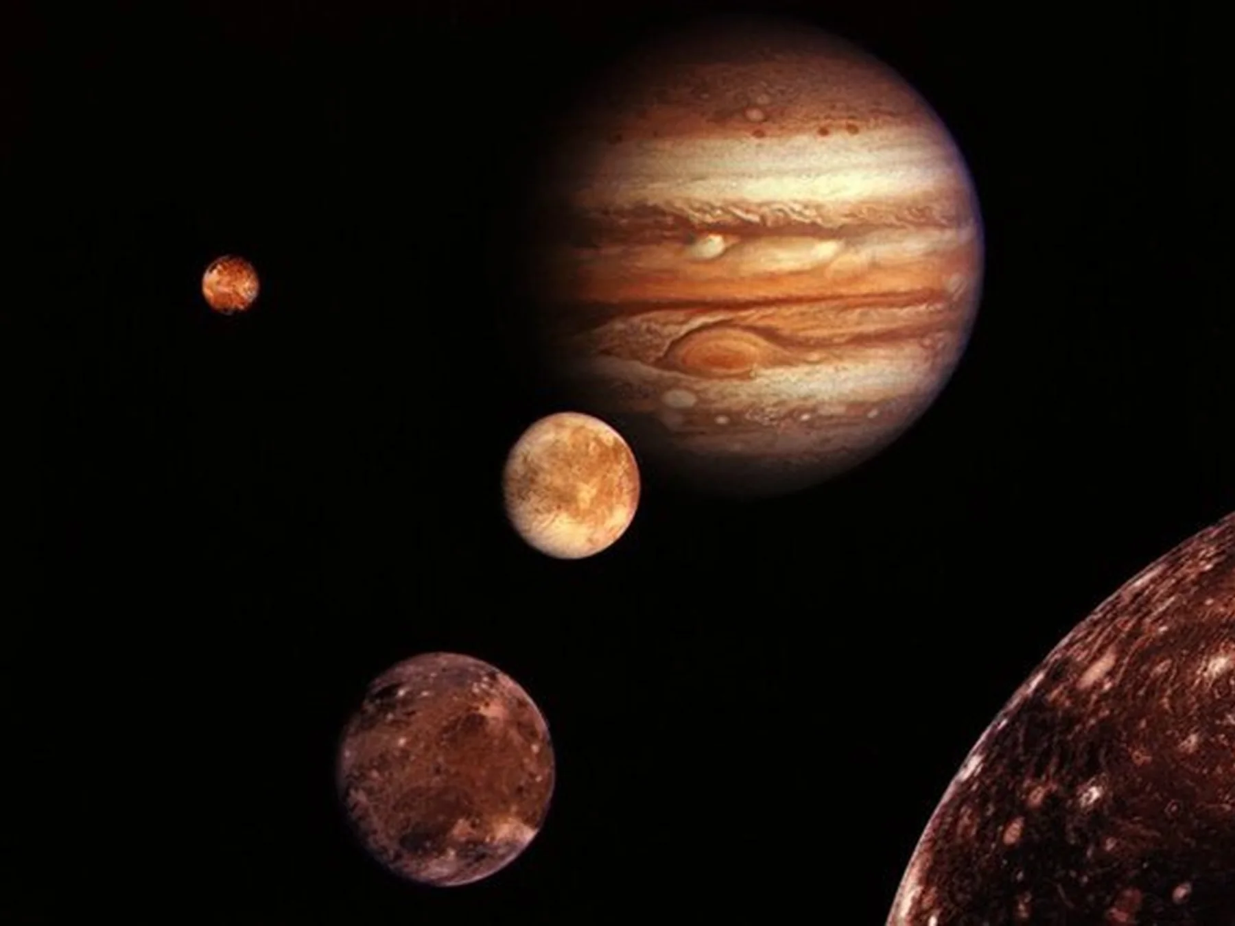 Jupiter shown with Io, Europa, Ganymede, and Callisto