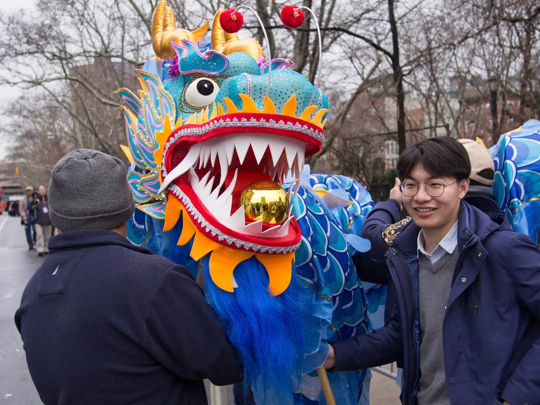 Colorful dragon dance costume in a Lunar New Year parade