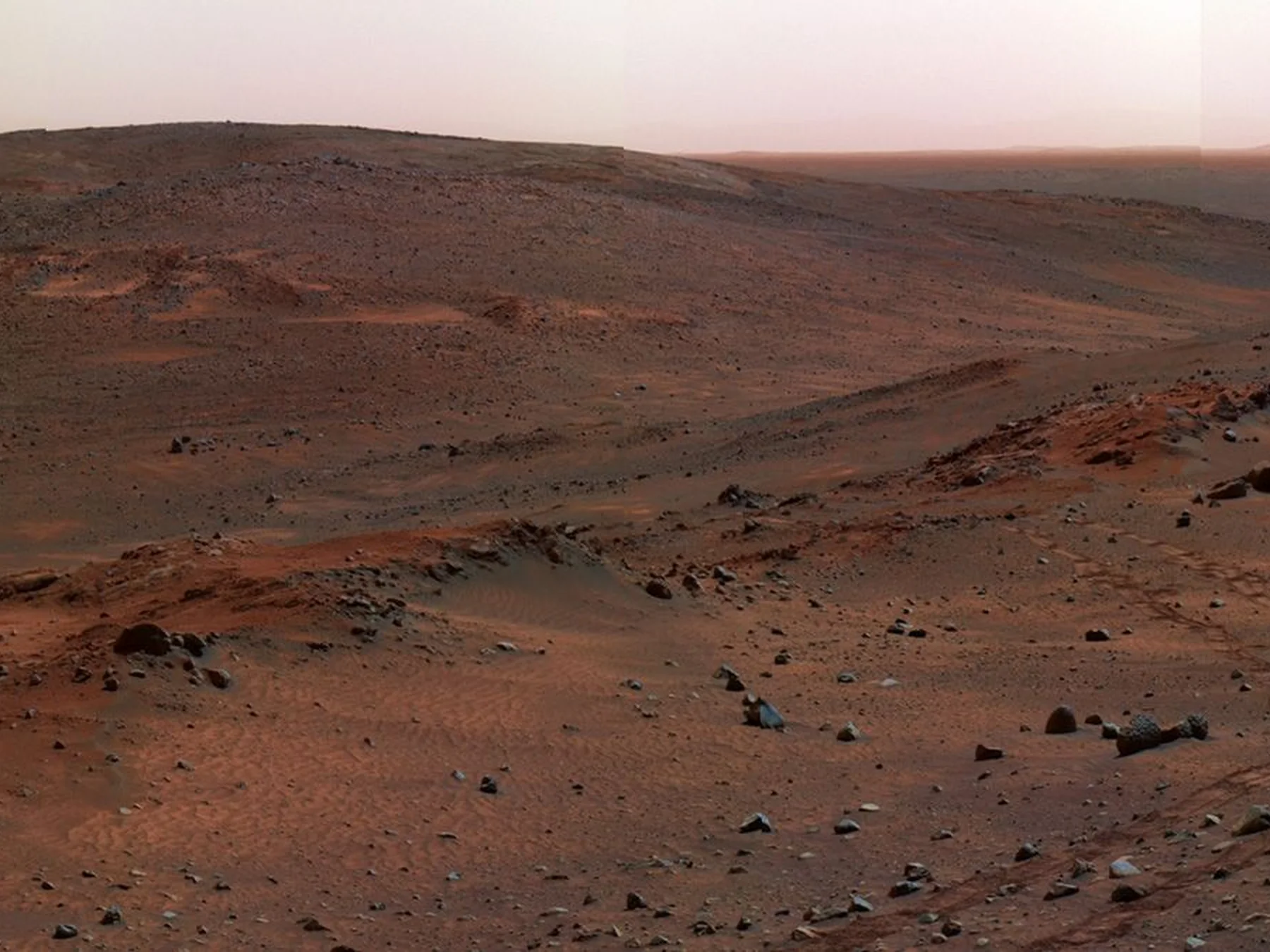 Rocky red landscape photographed on the surface of Mars