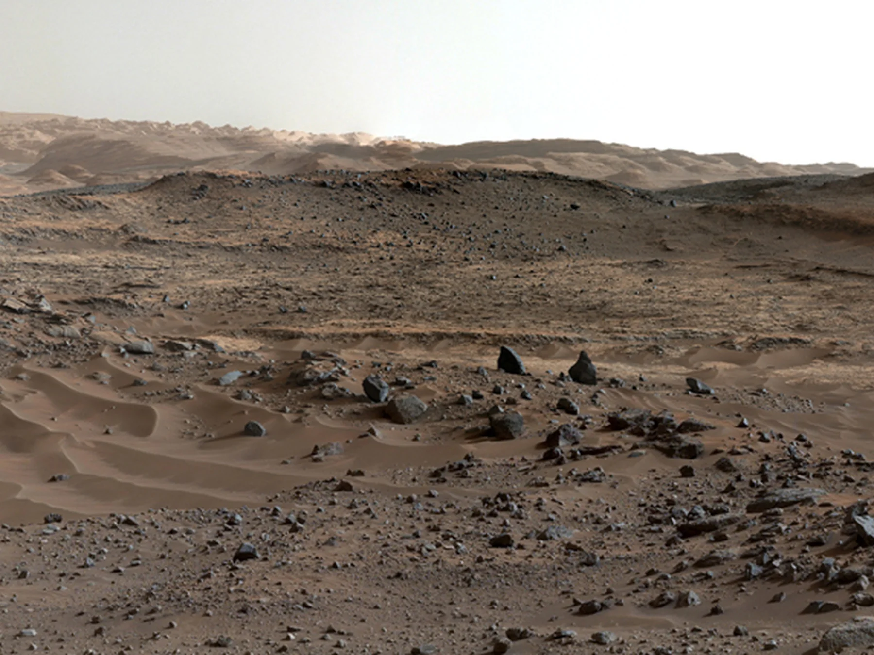 Wind-shaped dunes and rocky terrain across the Martian surface