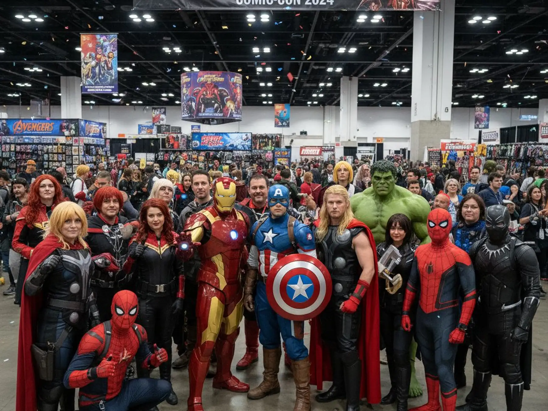 Large group of Marvel superhero cosplayers at a convention