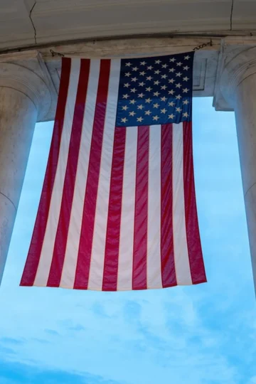 American flags hanging at a national memorial