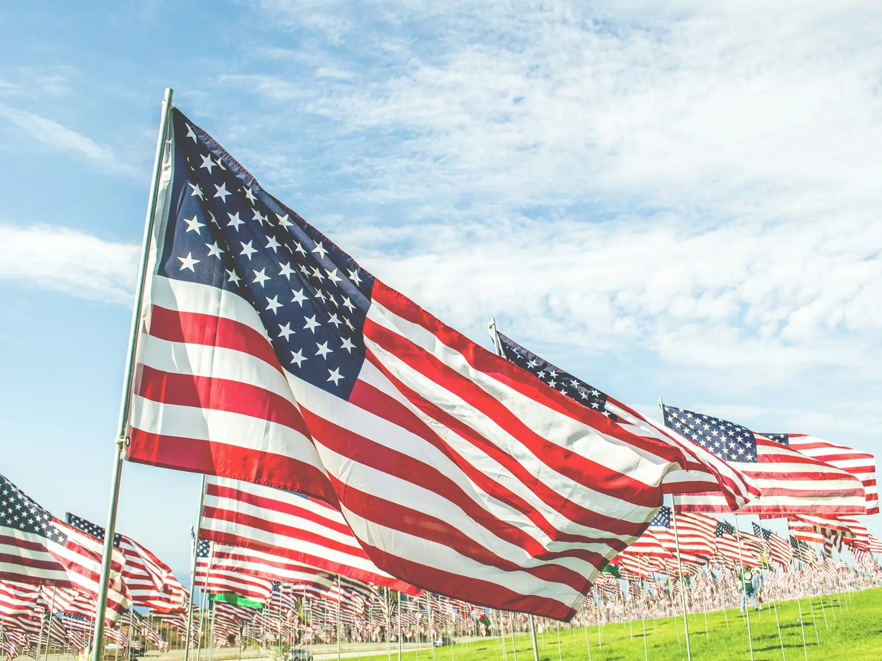 Rows of American flags at a veterans cemetery