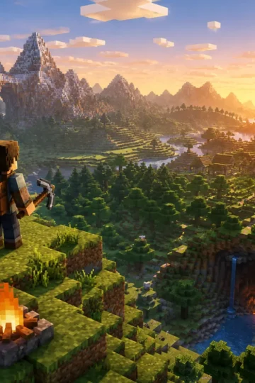 Block-built survival landscape with forests, mountains, caves, and a small village
