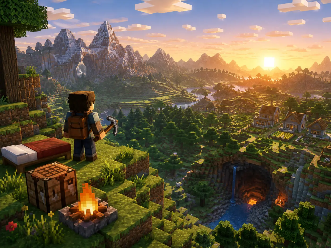 Block-built survival landscape with forests, mountains, caves, and a small village