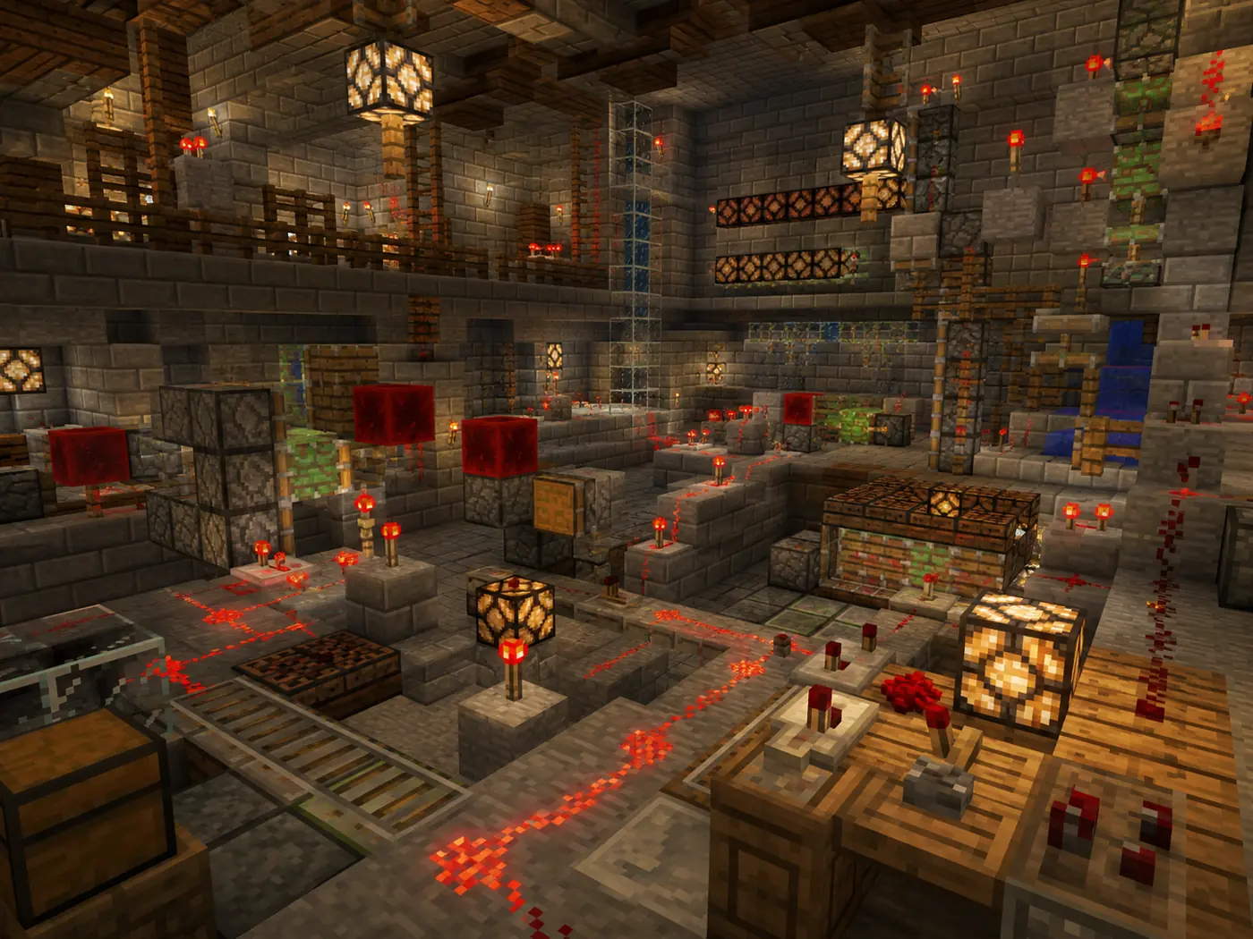 Block-built engineering workshop with glowing redstone-style circuits and mechanisms