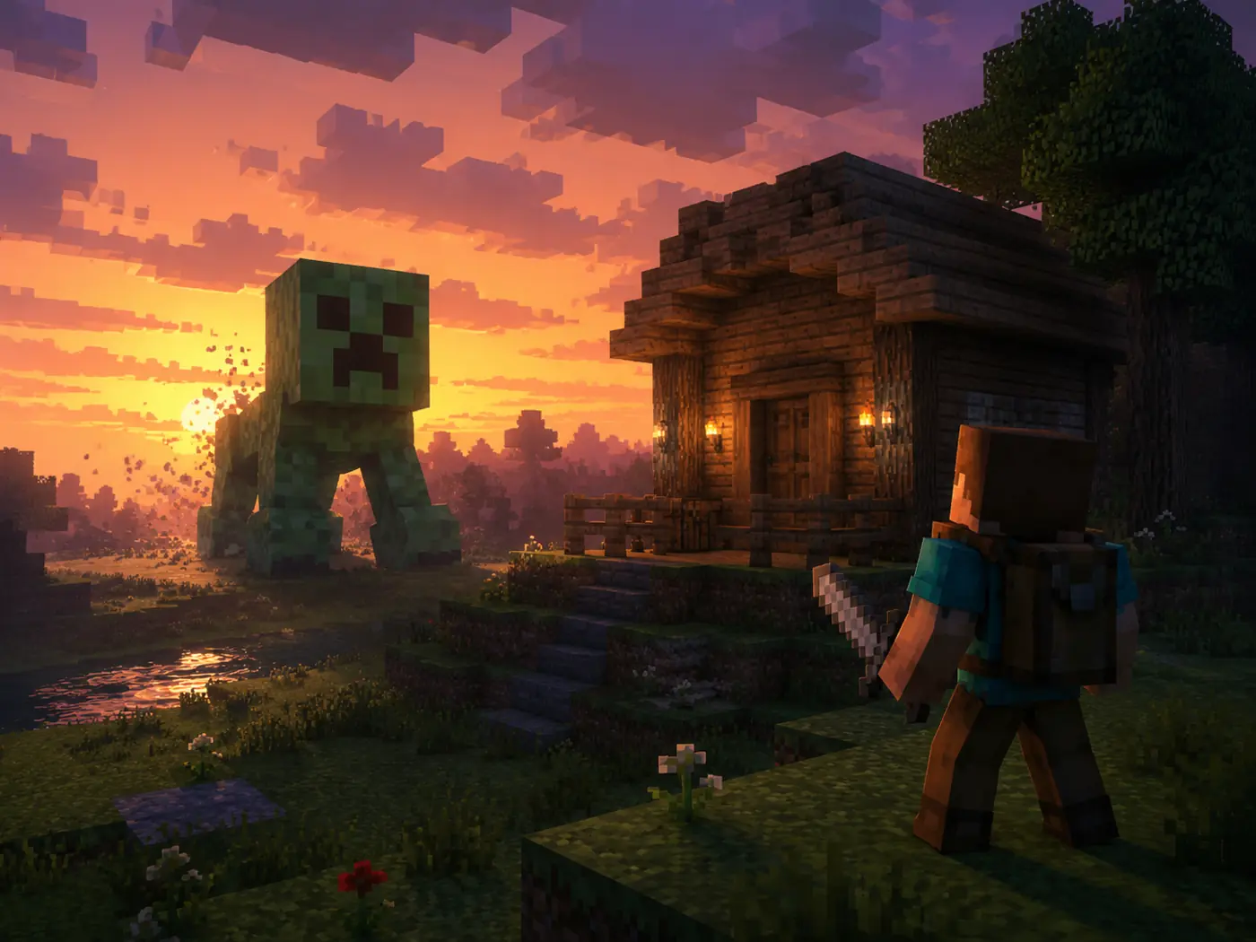 Green blocky creature approaching a wooden shelter at sunset in a voxel world