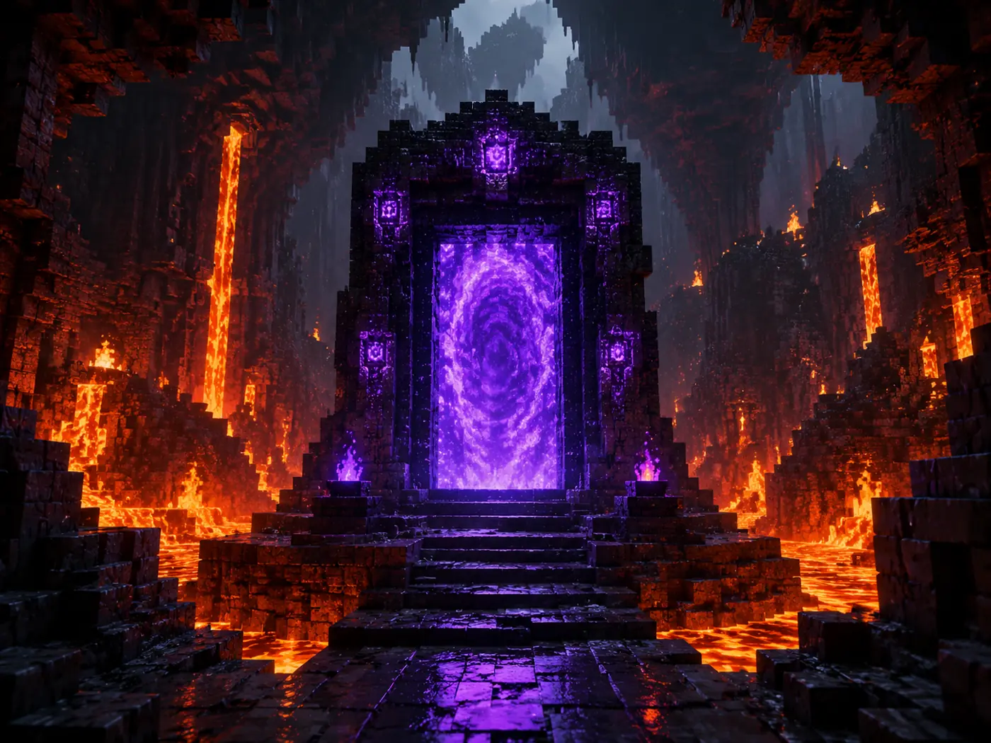Purple glowing block-built portal surrounded by lava in a deep cavern